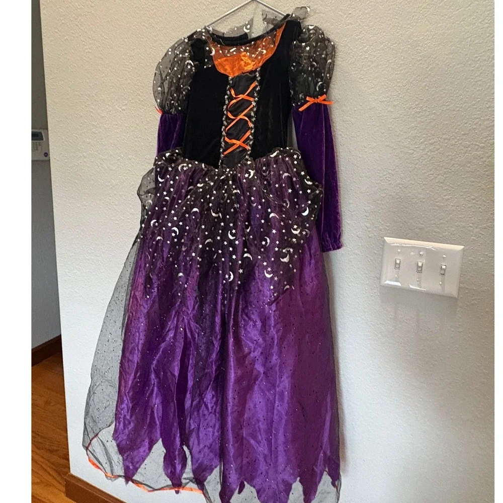 Girls Witch Halloween Costume Dress Purple Black Stars Moons Size 10/12Y